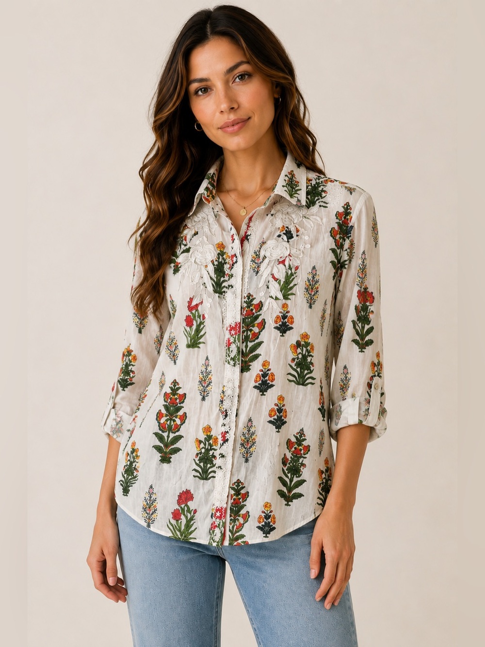 Magazine Floral Embroidered Cotton Blouse Size L Boho